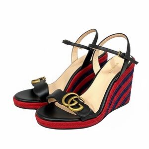 Gucci Lifford Espadrille Platform Sandals GG Marmont Black Red Blue Size 39